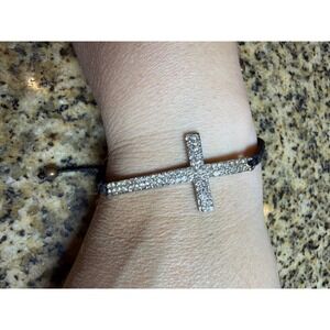 Sideways Cross Bracelet Black‎ Cord Adjustable Pavé Rhinestone Religious Jewelry